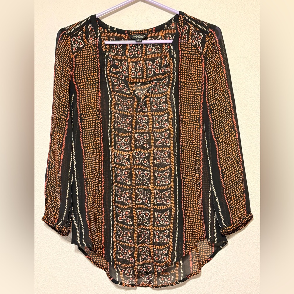 Lucky Brand Sheer Black and Orange Blouse